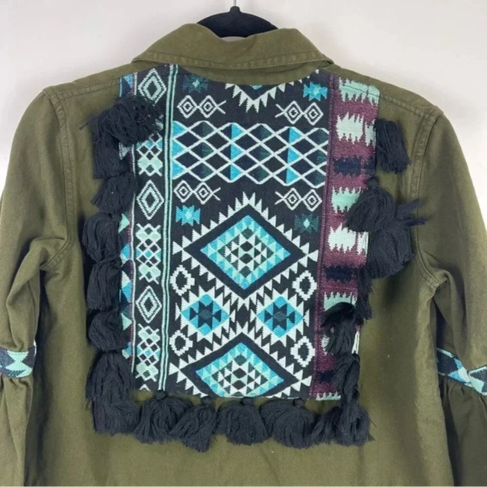 Anthropologie Beautiful Stories Green Aztec Fringe Boho Inika Jacket Size XS